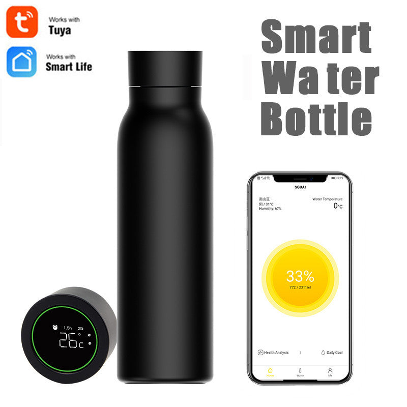 Black smart water bottle with cap showing temperature and phone connectivity