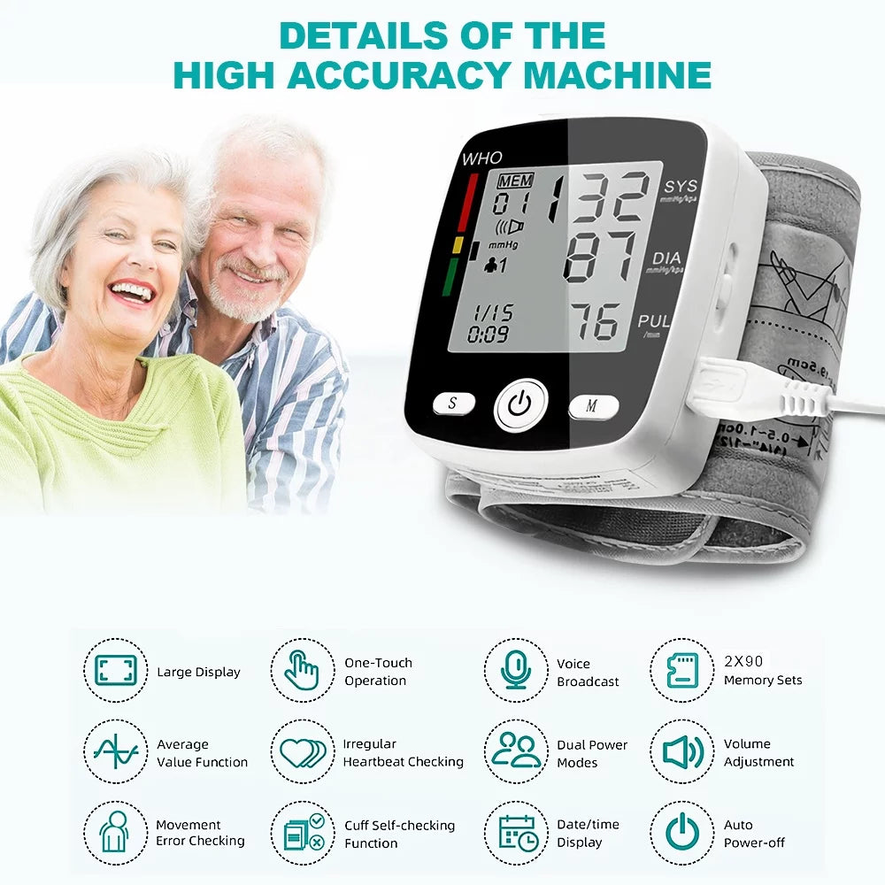 Blood Pressure Monitor,  Rechargable Blood Pressure Machine Wrist with Voice Broadcast and 180 Memory for Dual User