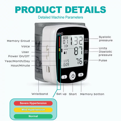 Blood Pressure Monitor,  Rechargable Blood Pressure Machine Wrist with Voice Broadcast and 180 Memory for Dual User