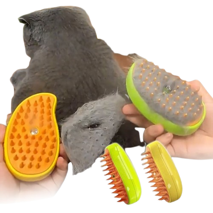 Cat using a massage and steam spray pet brush