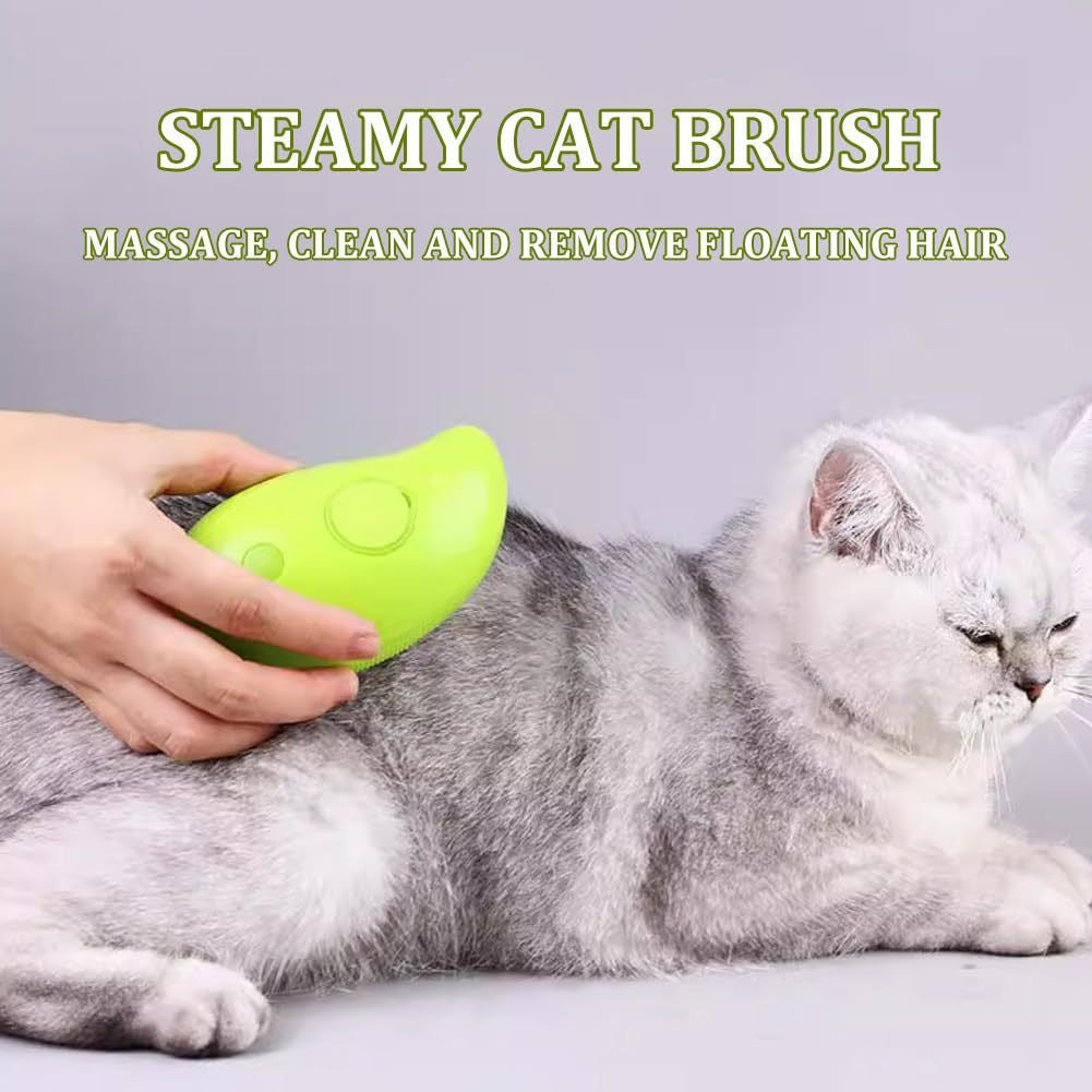 Person grooming a cat with a steam-emitting brush