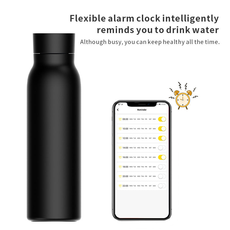 Black smart water bottle with phone showing alarms