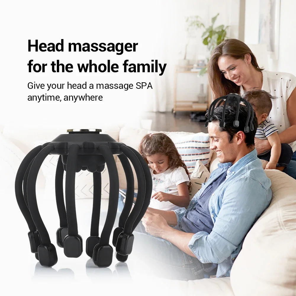 Family in living room and father wearing black electric scalp massage