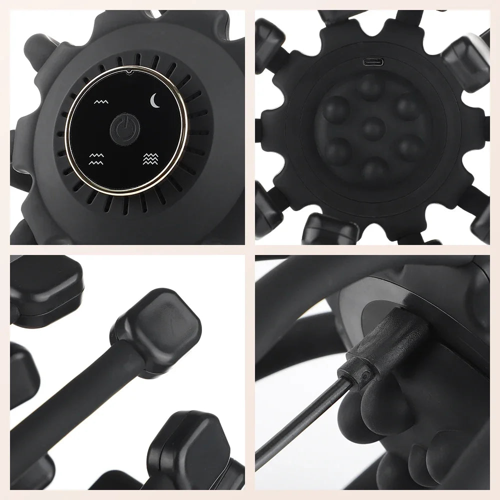 Top, side, bottom view of the black electric scalp massage device.