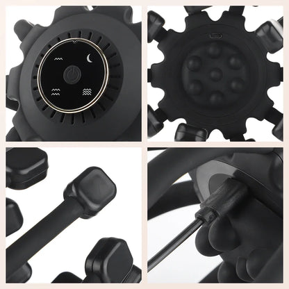 Top, side, bottom view of the black electric scalp massage device.