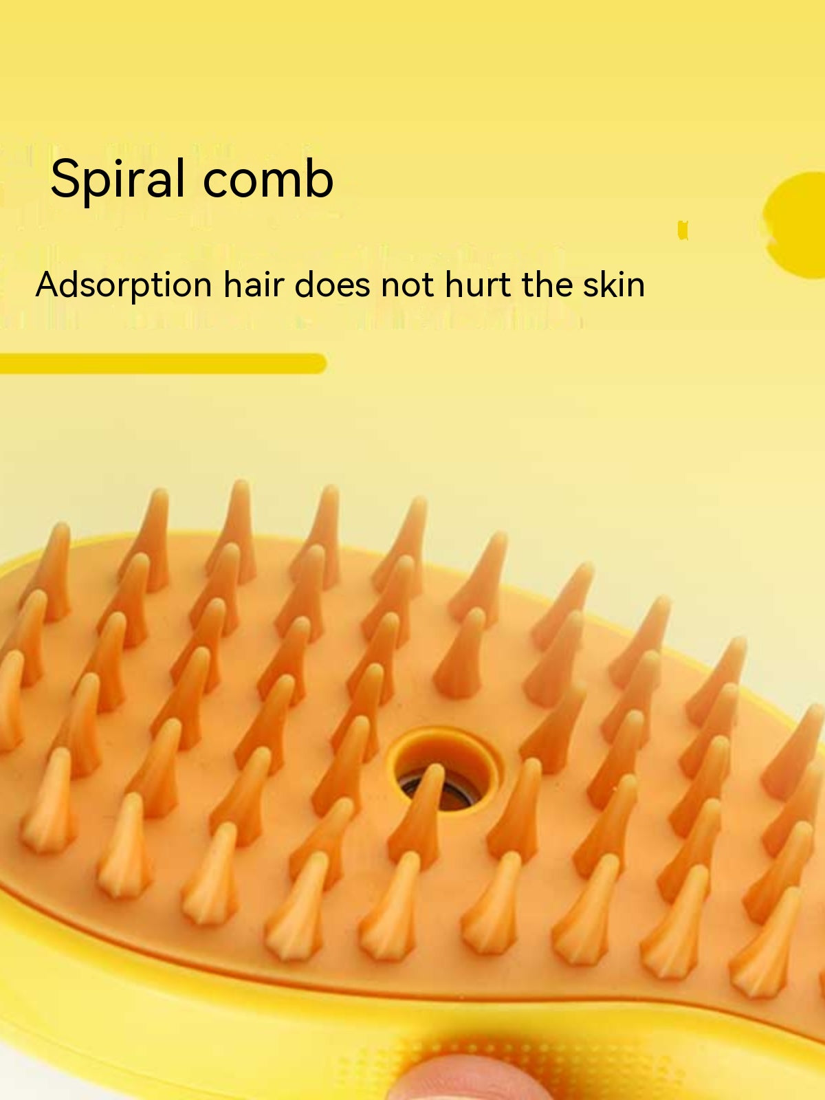 Spiral comb design on a yellow brush for gentle pet hair absorption