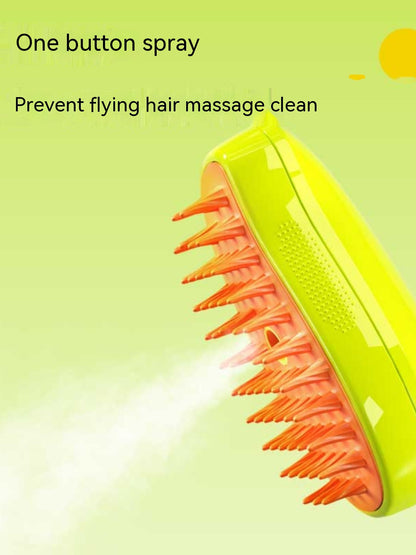 One-button spray feature on a yellow electric pet grooming brush