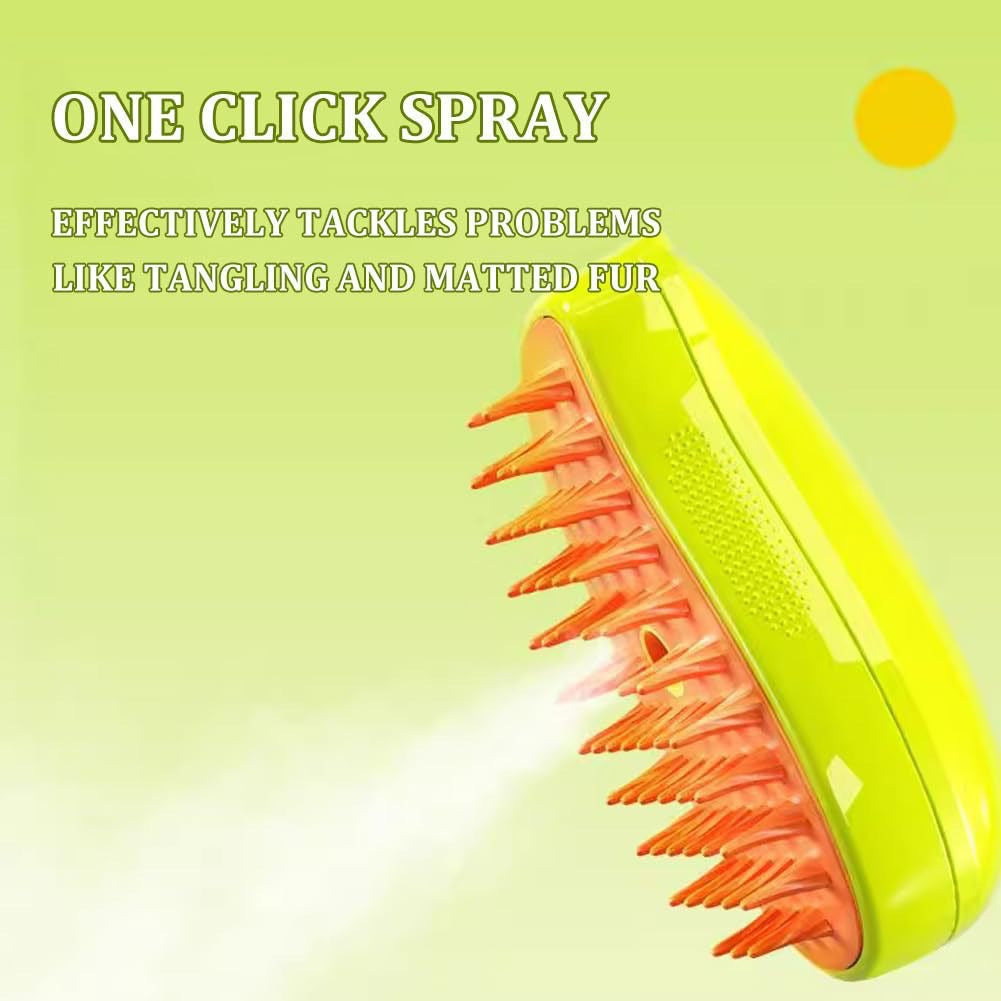 Pet grooming comb with yellow handle and one-click spray button