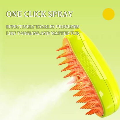 Pet grooming comb with yellow handle and one-click spray button